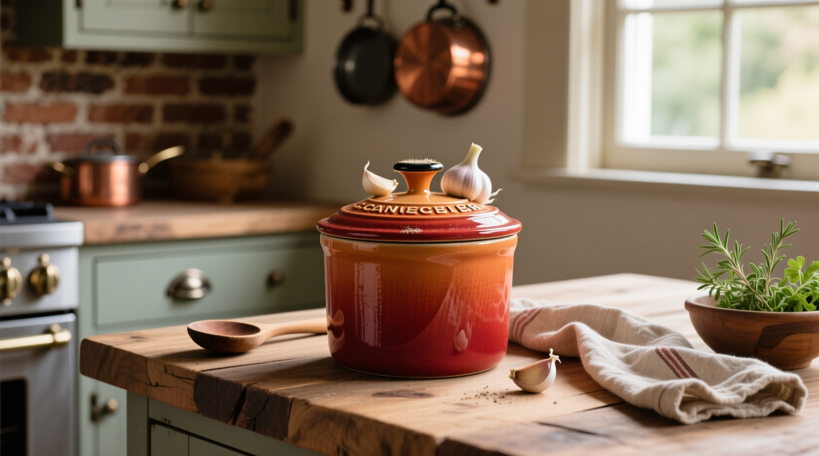 Le Creuset garlic keeper on wooden kitchen counter