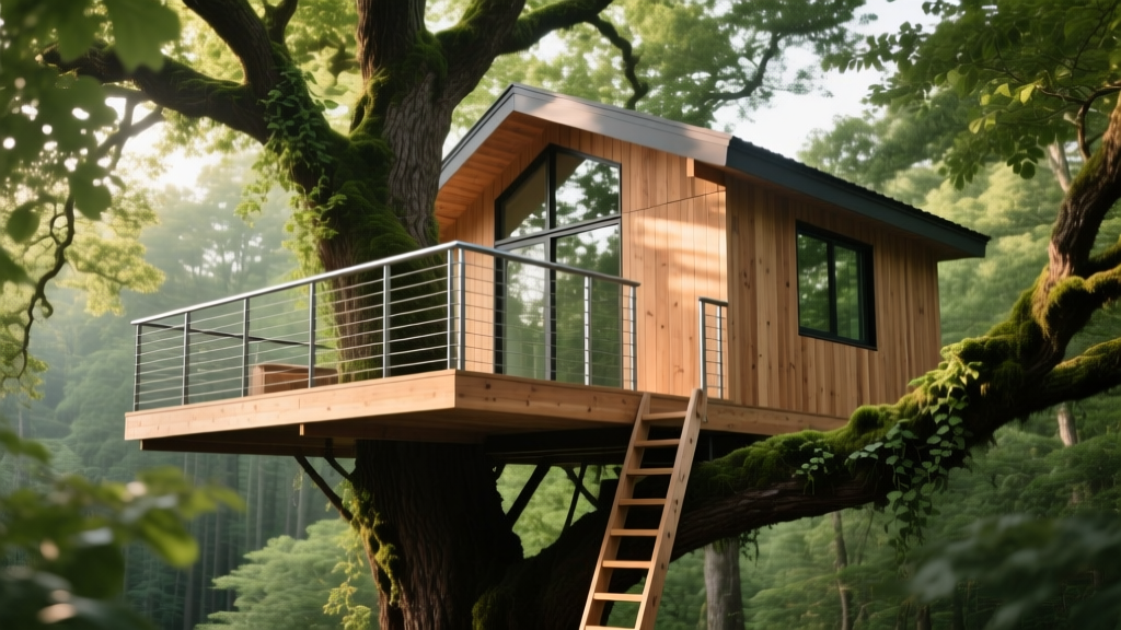 Elevated custom cedar treehouse with a wraparound deck and steel cable railings nestled in the branches of a massive mature oak tree