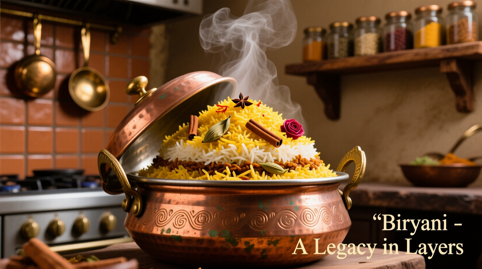 Traditional biryani served in copper handi with saffron rice layers