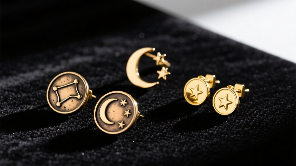 Flat lay of three celestial earring pairs: brass, gold vermeil, and 18k gold, arranged on a dark velvet jeweler