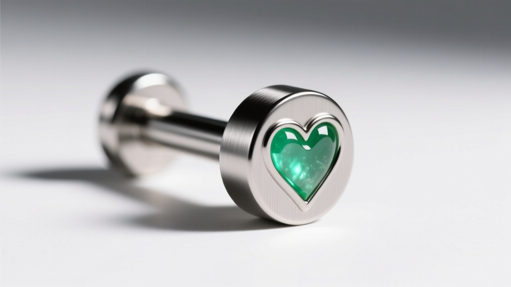 Technical photo of an 18-gauge titanium flat-back labret with a small chrysoprase hope symbol, shown from a precise side angle.