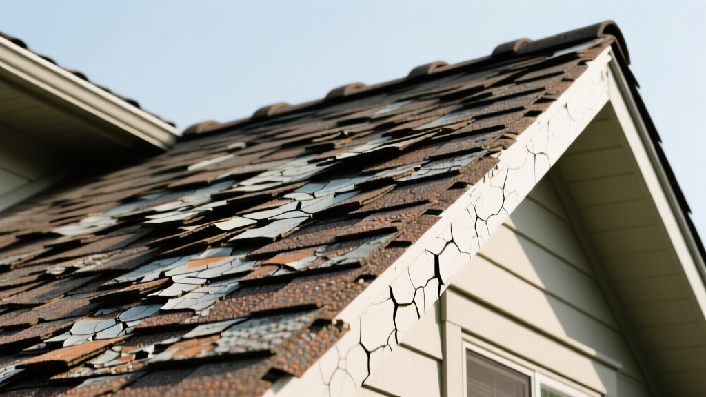 Weathered architectural composition asphalt shingles showing granule loss and UV cracking on a steep residential roof slope