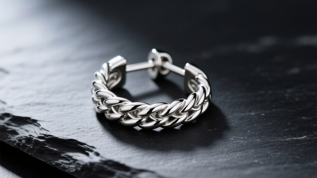 Close-up of a sterling silver James Avery hoop earring with a twisted rope design and hinged clasp, resting on dark slate.