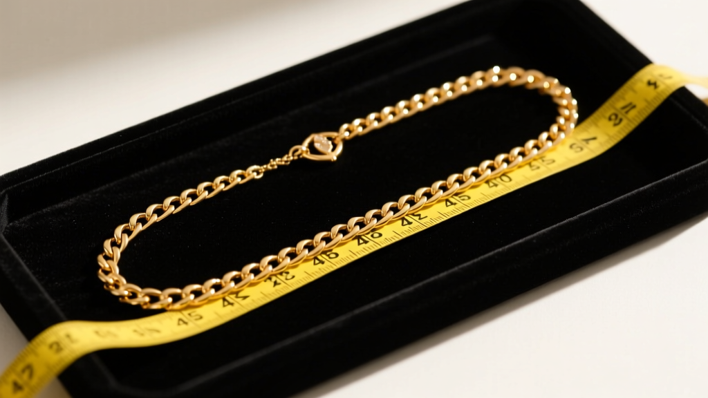 Top view of a gold chain measured with a yellow tailor tape on a dark velvet tray under soft lighting for exact jewelry sizing