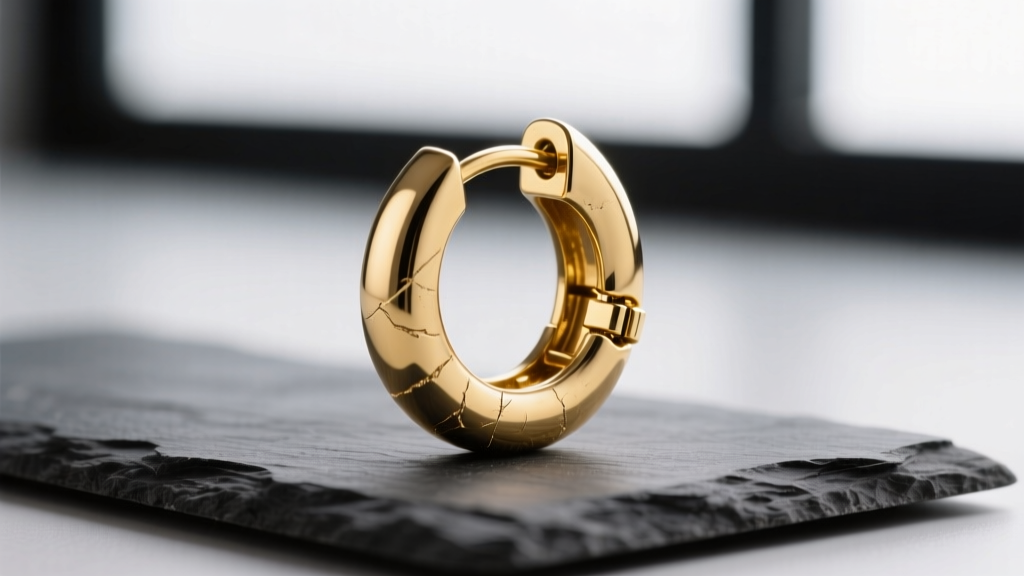 Macro photography of a 14k gold-plated huggie earring with a faulty hinge clasp, resting on a dark slate troubleshooting mat