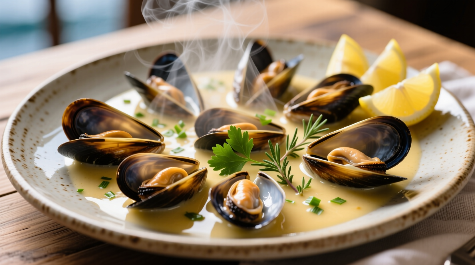 Fresh mussels in white wine sauce with herbs