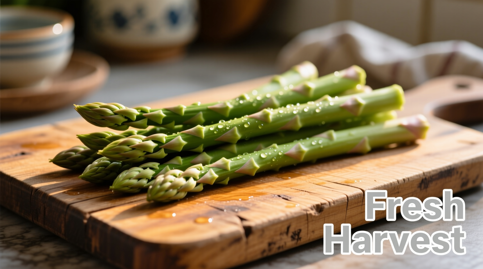 Fresh asparagus spears arranged on wooden cutting board