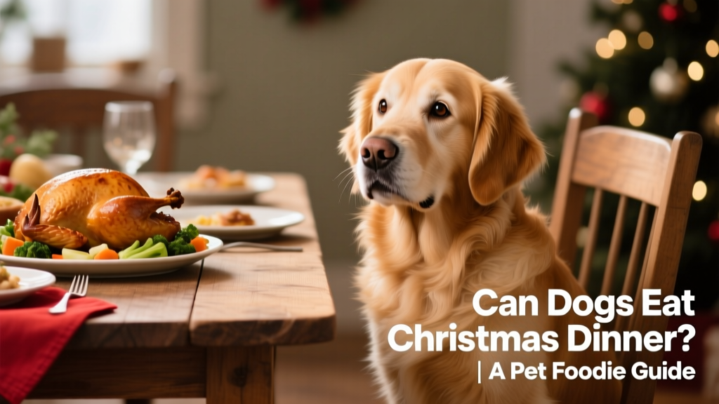 A friendly dog sitting beside a festive dining table with plain turkey and vegetables visible—no seasoning, sauces, or sweets in sight