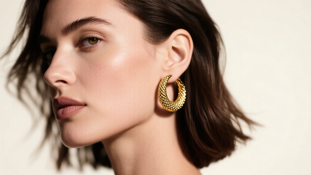 Woman wearing a single 14k gold textured hoop earring in her left ear, soft studio lighting, showcasing modern asymmetrical style.