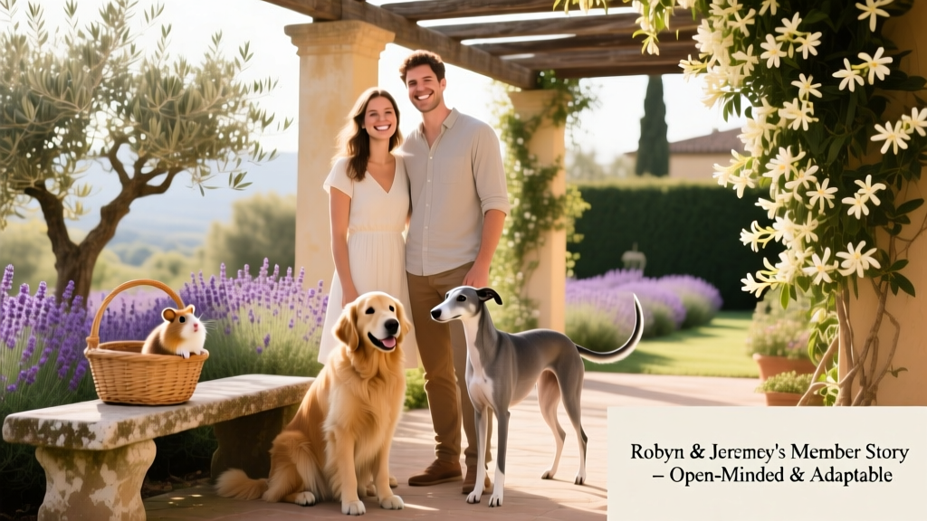 Robyn and Jeremy smiling warmly with two dogs and a guinea pig in an Italian garden