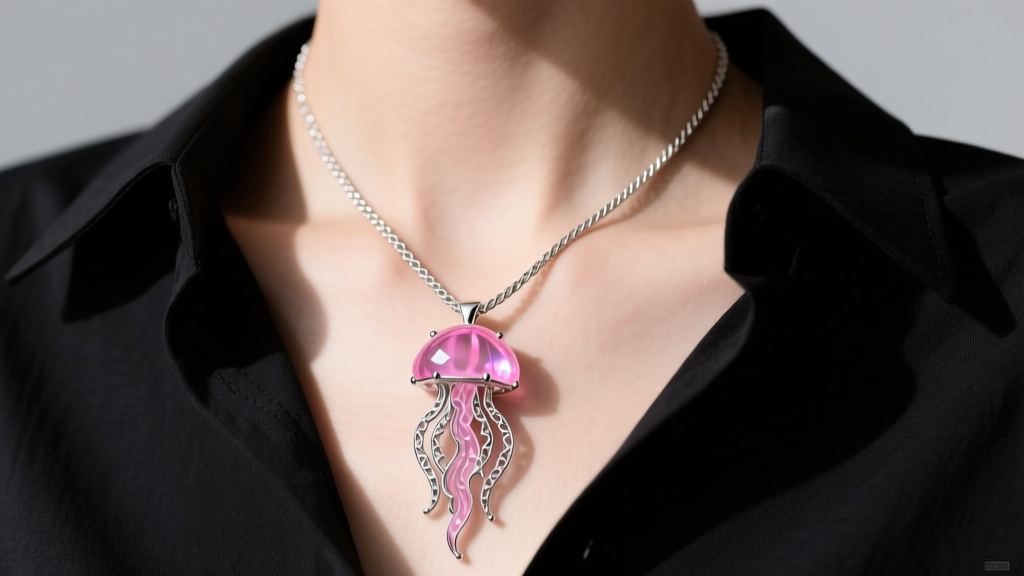 Sterling silver pink jellyfish necklace worn over a black shirt, highlighting polished metal reflections and a fine cable chain.