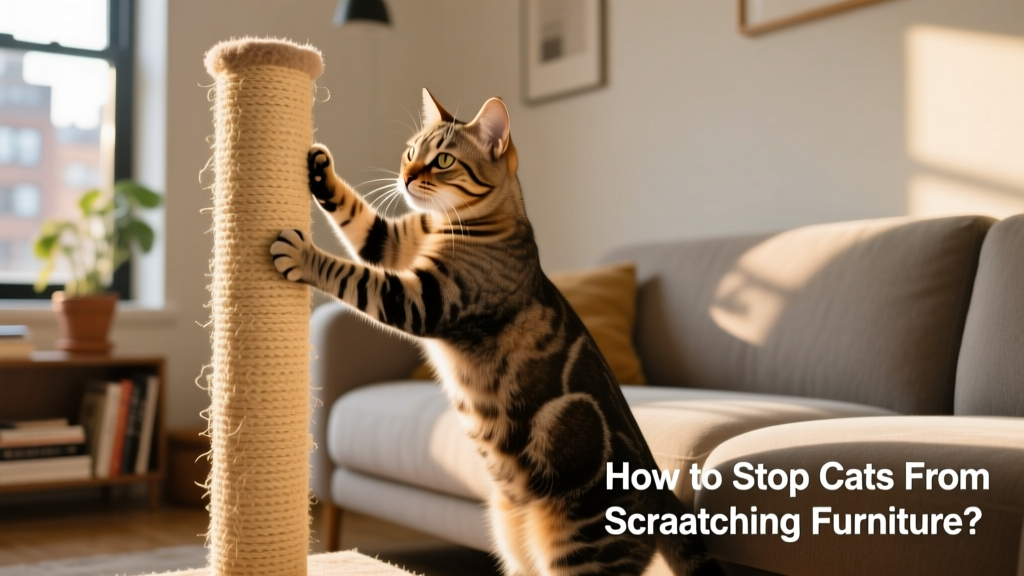 Cat confidently scratching a tall sisal post beside a sofa