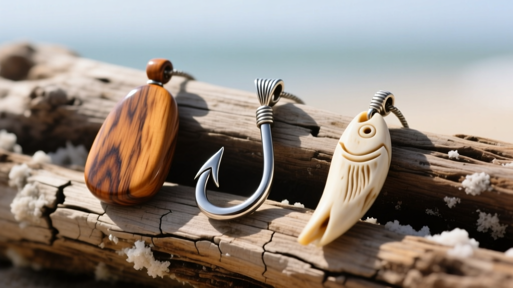 Three fish hook pendants on driftwood: polished koa wood, matte silver, and carved bone, highlighting distinct material textures