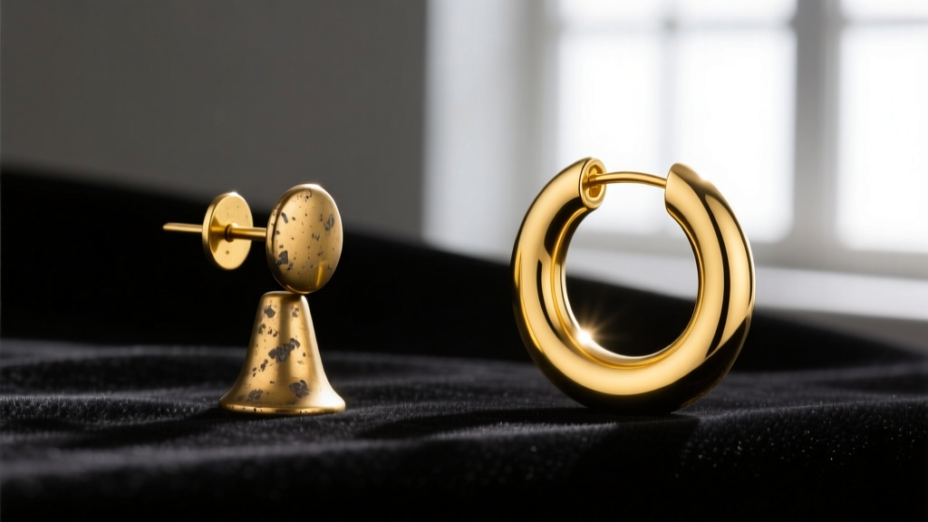 Side-by-side comparison of a tarnished brass fashion earring post and a pristine solid 14k yellow gold hoop on dark velvet