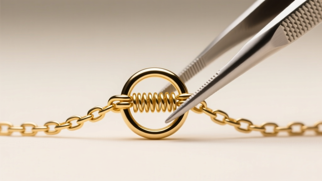 Macro view of a 5mm spring ring clasp on a thin gold chain, showing the internal tension spring and precision jeweler tweezers