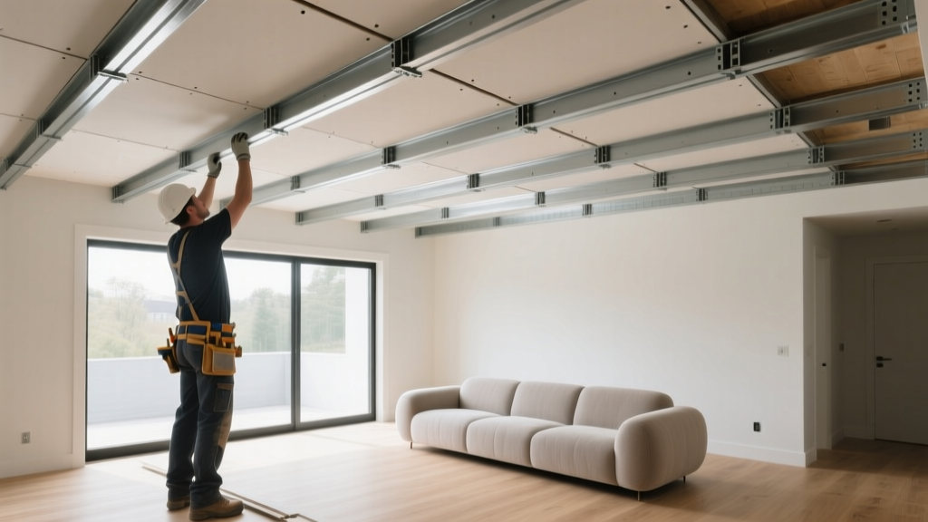 Contractor installing lightweight sag-resistant ceiling gypsum board on 24-inch spaced metal trusses in a modern residential living room