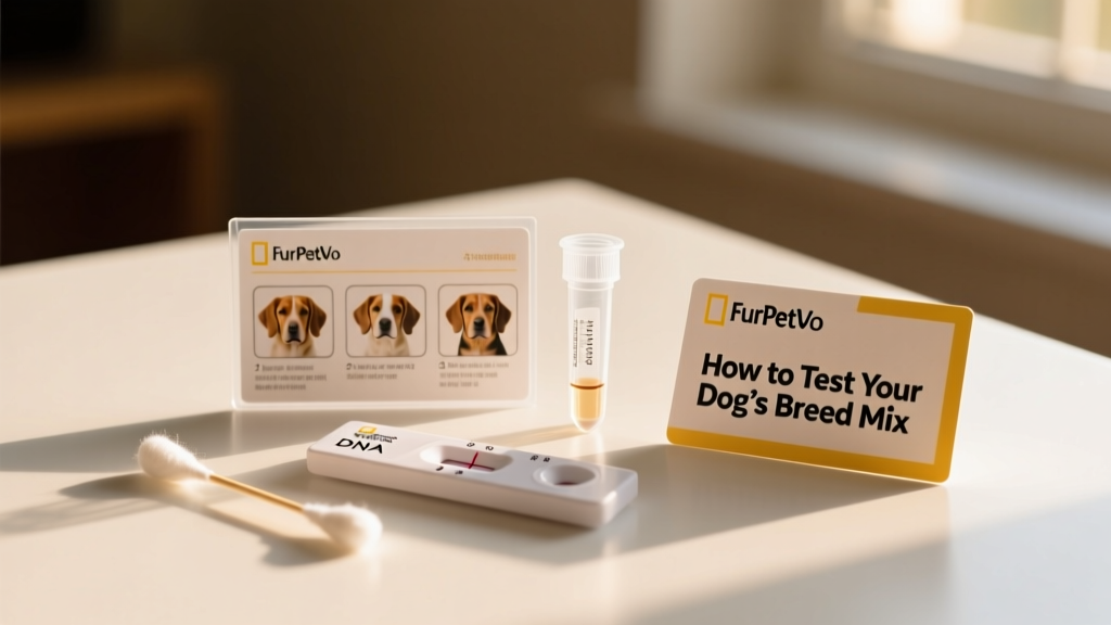 Close-up of a FurPetVo DNA test kit with swab, instructions, and collection tube on a clean surface