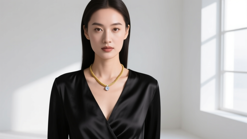 Elegant woman wearing a 2mm 18k gold rope necklace with a diamond pendant, paired with a deep V-neck black silk evening blouse.