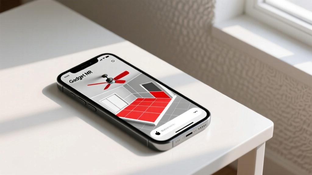 Smartphone displaying the Gadget MR app interface with a top-down 3D room grid and red exclusion zones over a ceiling fan.
