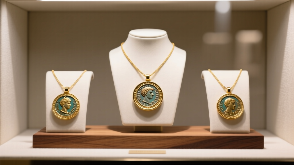 Wood stand displaying three Roman coin necklaces in gold bezels under soft gallery lighting inside a boutique case
