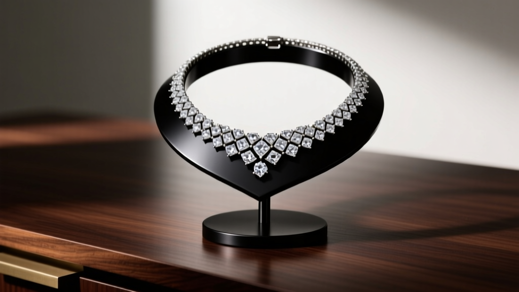 Matte-black aluminum necklace display stand on a dark oak desk holding a heavy diamond collar, illuminated by soft studio lighting