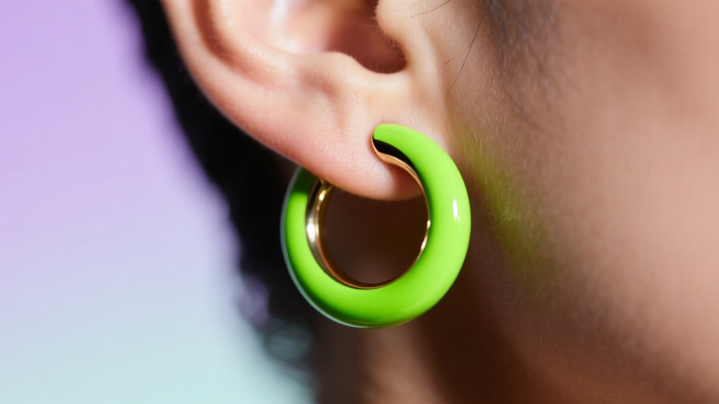 Close-up of neon green enamel huggie hoops on a lobe, macro shot under soft lighting with a softly blurred pastel background.