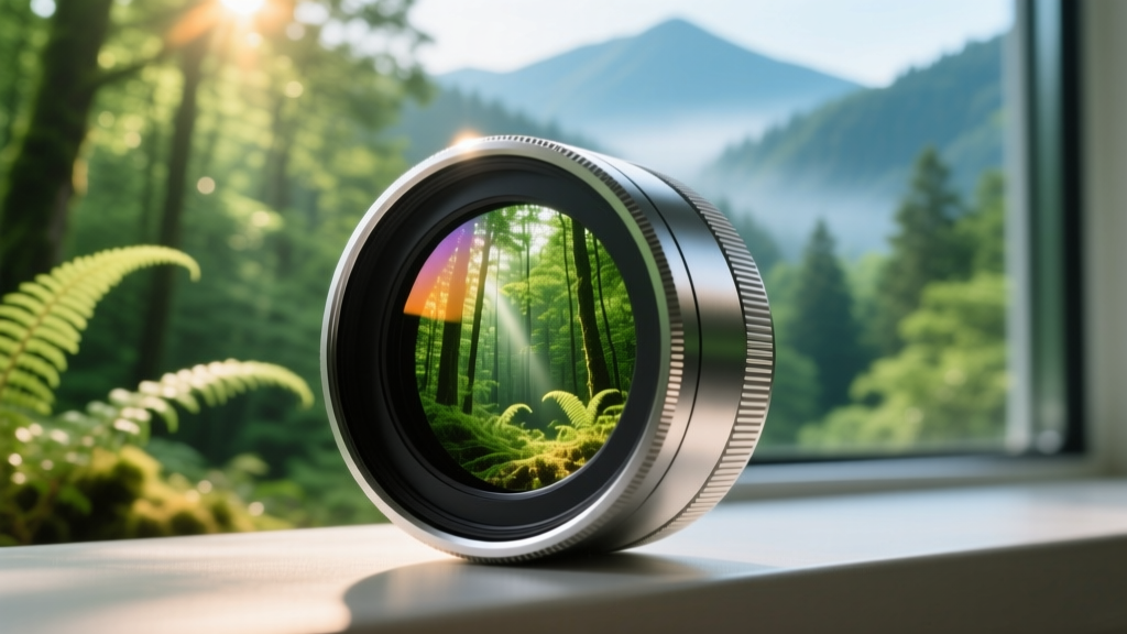 Macro shot of an aerospace aluminum smartphone lens attachment capturing a vibrant green forest, showing optical clarity.