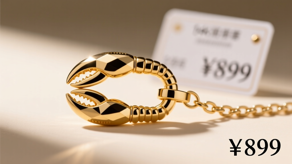 Close-up of a 14k gold lobster clasp on a 2-inch extender chain, with a blurred jewelry price tag showing a budget-friendly cost.
