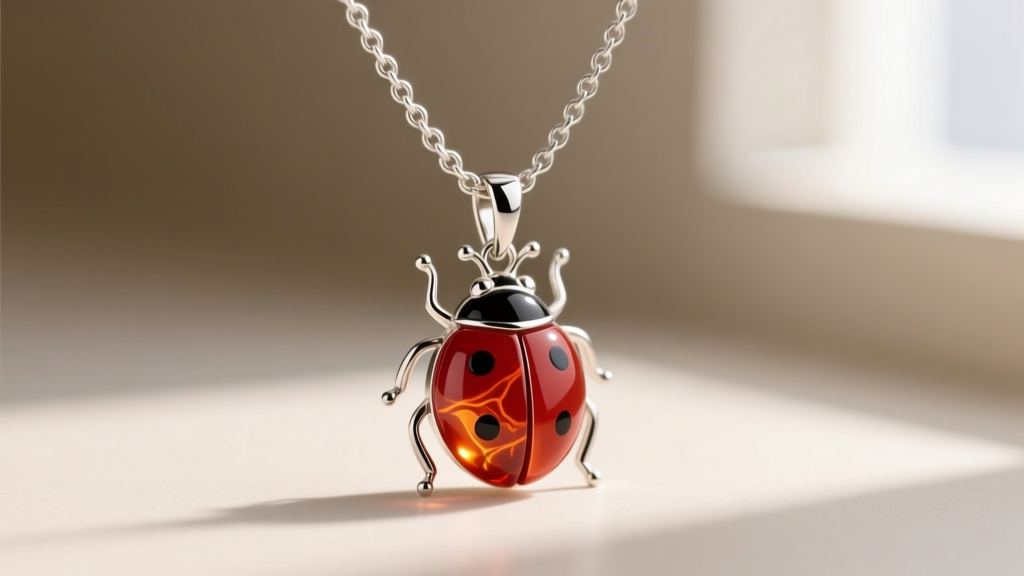 Close-up of a 1mm sterling silver box chain threading through the hidden bail of a carnelian and silver ladybug necklace pendant