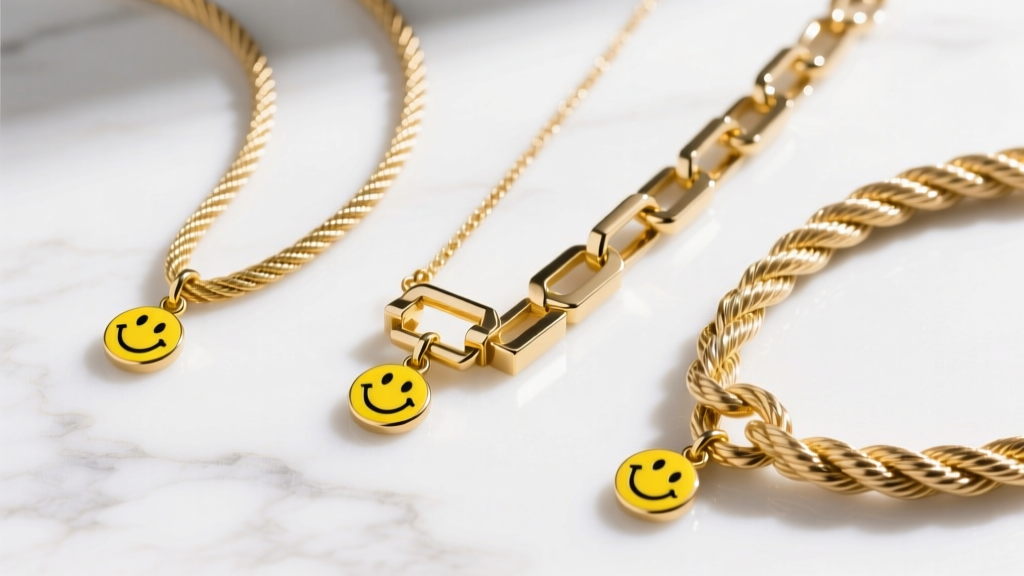 Flat lay comparison of three gold chain styles—cable, box, and rope—each holding a small yellow enamel happy face pendant on white marble