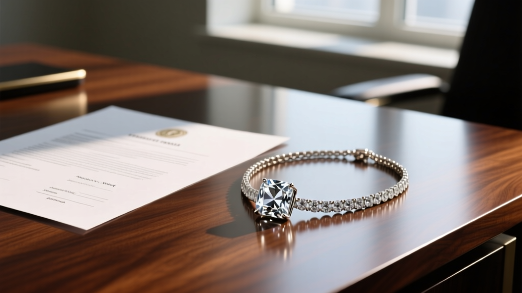 Official appraisal document beside a sparkling cubic zirconia pendant necklace on a polished mahogany desk in natural daylight