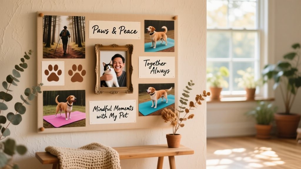 A finished vision board on a wall beside a sunny window, featuring printed photos of dogs hiking, yoga mats, paw-print icons, handwritten affirmations, and a small framed picture of a smiling pet parent and their cat