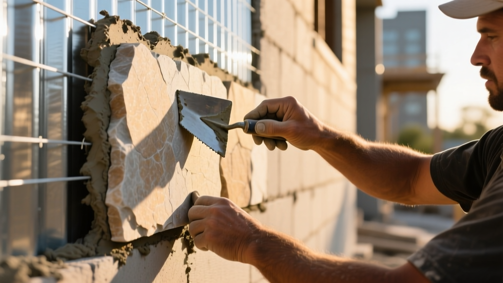 Mason back-buttering a manufactured stone veneer piece with mortar before pressing it onto a galvanized lath scratch coat exterior wall