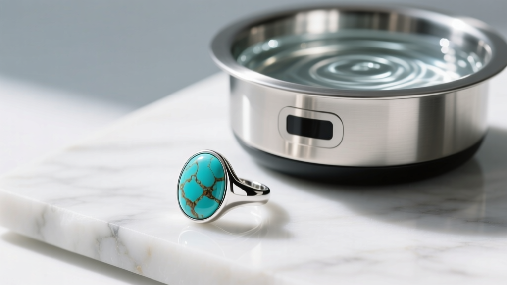 Stainless steel ultrasonic cleaner filled with water, next to a silver ring with a large porous natural turquoise cabochon.