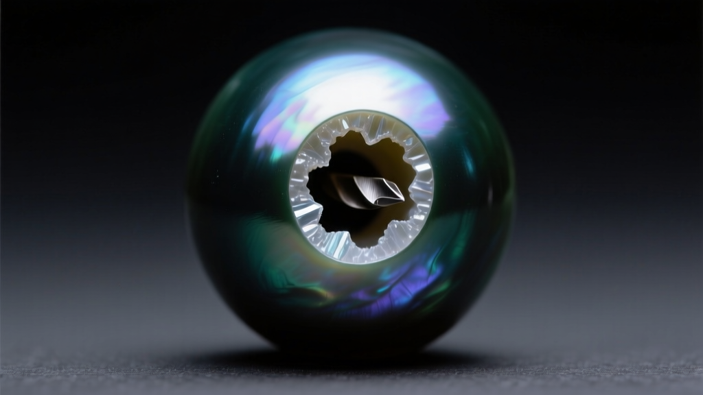Macro view of a 12mm Tahitian pearl drill hole, showing clean nacre and confirming no plastic bead nucleation is visible inside.