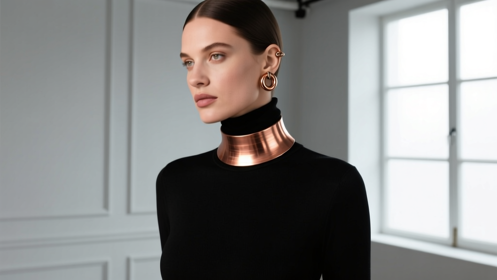 Editorial shot of a model wearing an 8-gauge clean copper collar necklace over a black turtleneck in soft, diffused natural light.