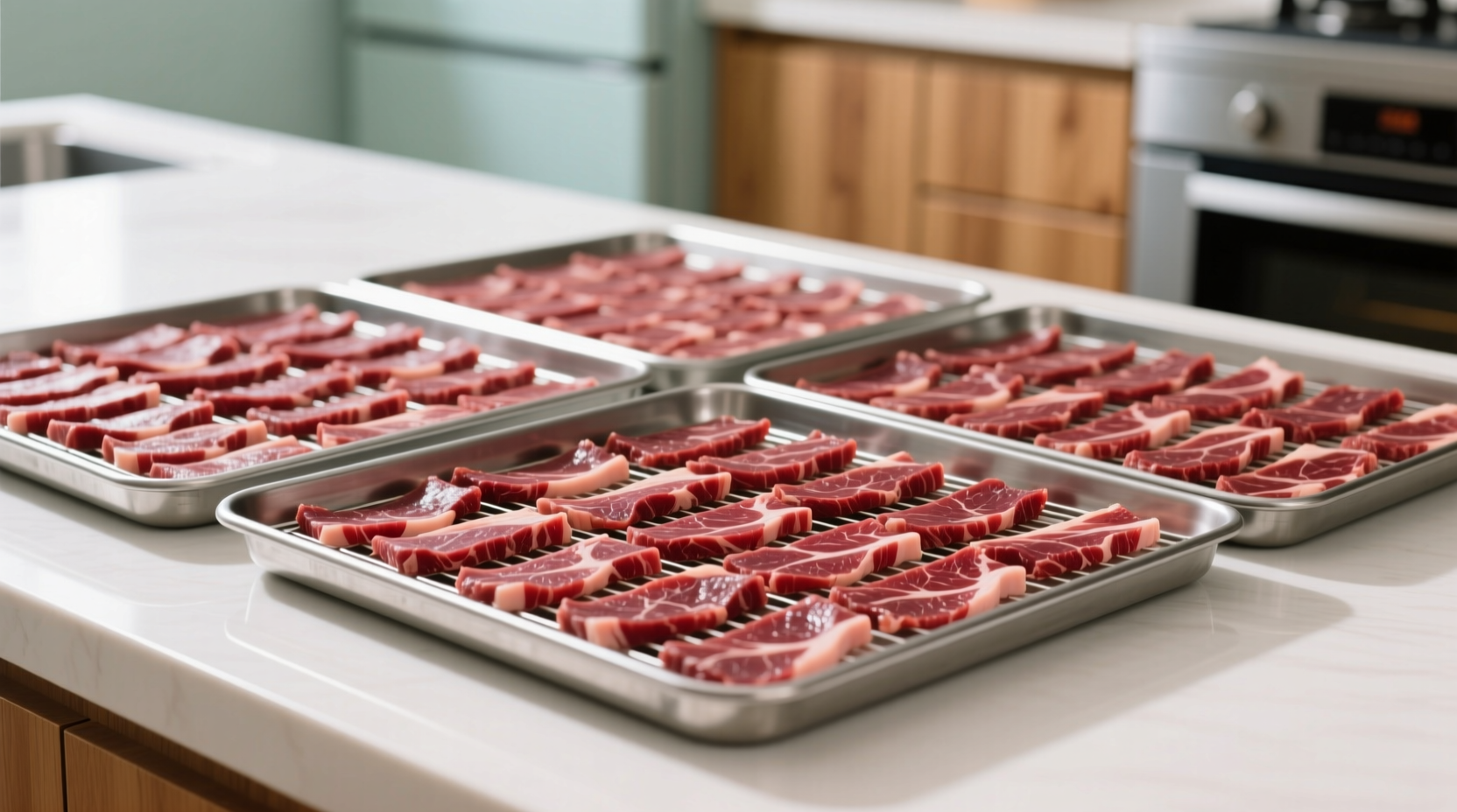 Sliced beef strips arranged on dehydrator trays