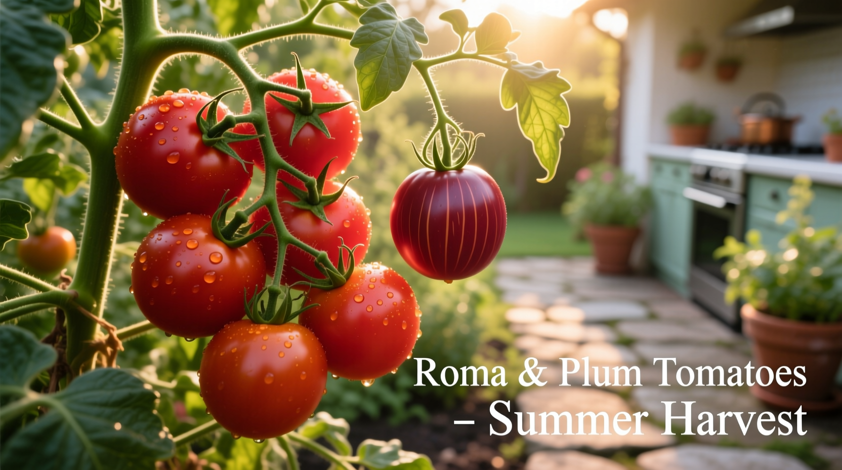 Roma tomatoes on vine next to standard plum tomatoes