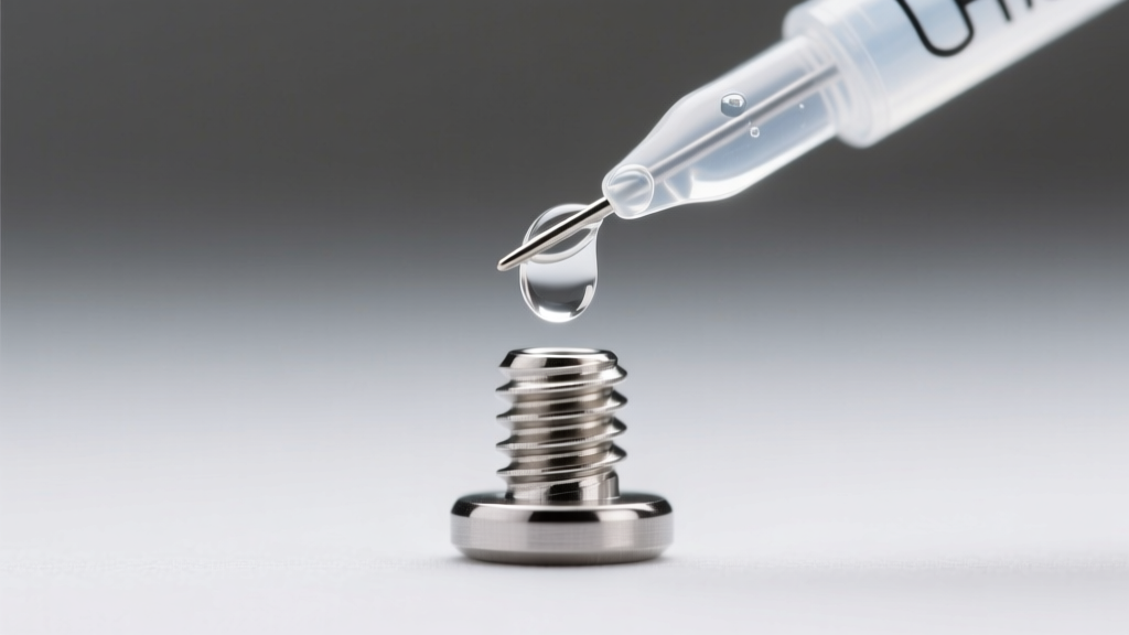 Close-up macro shot of a precision needle tip applying clear G-S Hypo cement adhesive to a 20-gauge titanium earring post base.