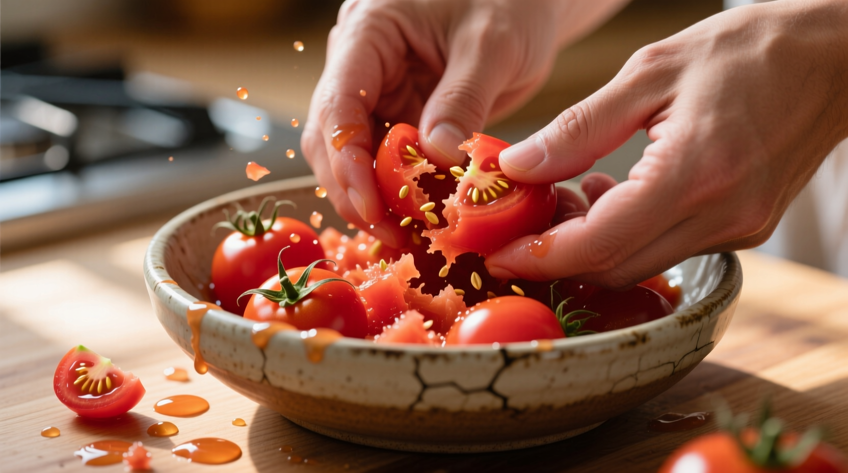 Hand-crushed San Marzano tomatoes in ceramic bowl