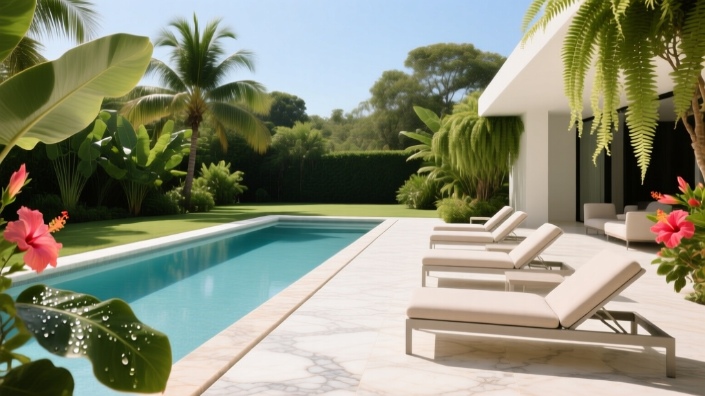 Travertine swimming pool deck with seamless coping, modern lounge chairs, and tropical plants in a bright, sunlit backyard oasis.
