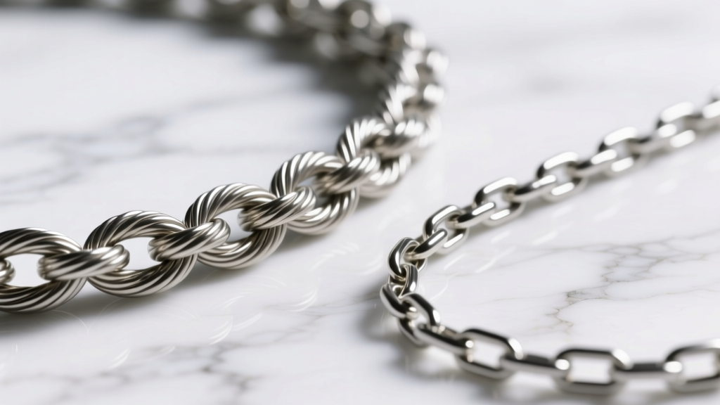 Macro shot of a tangled 1mm cable chain next to a smooth 1.5mm rolo chain on white marble, sharp focus, bright studio lighting.