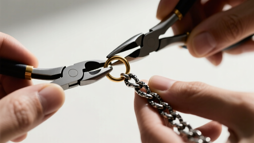 Jeweler using flat-nose pliers to securely close a 4mm 20-gauge brass jump ring on a delicate darkened silver fashion chain