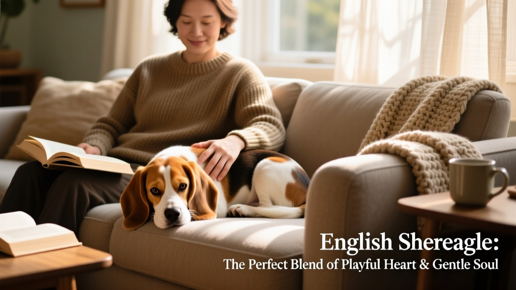 A relaxed English Speagle curled up beside its owner on a cozy living room sofa, illustrating its affectionate and companionable nature