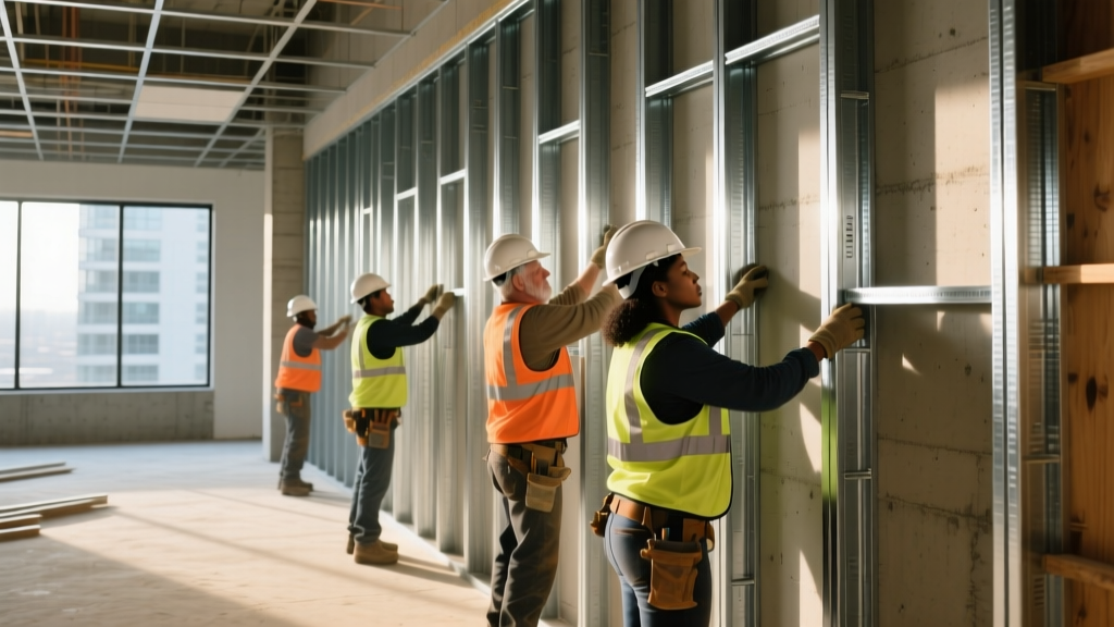 Construction workers installing 20-gauge galvanized cold-formed steel framing studs on a commercial mid-rise building interior wall