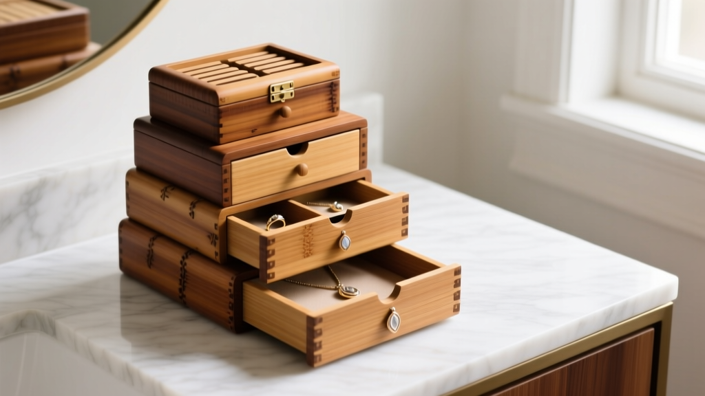 Stacked bamboo jewelry box drawers with shallow ring slots and deep pendant sections resting on a white marble vanity surface.