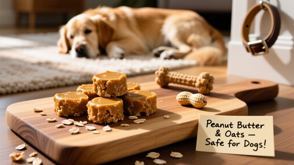 Homemade peanut butter dog treats arranged on a wooden cutting board