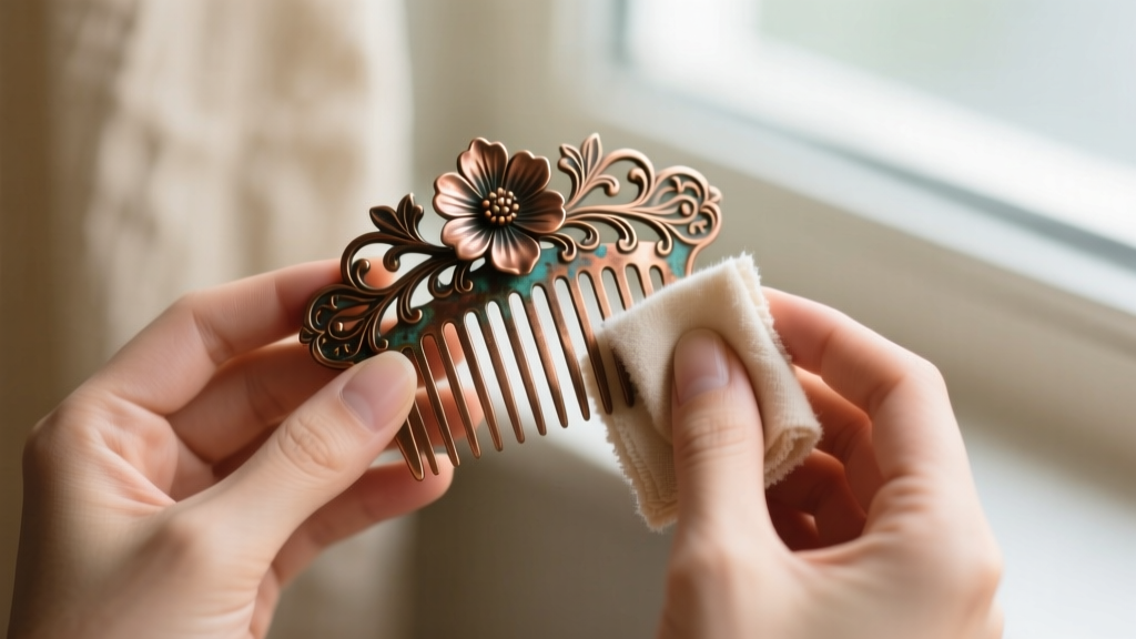 Hands gently polishing an antiqued copper floral hair comb with a dry microfiber cloth to preserve intricate filigree details.