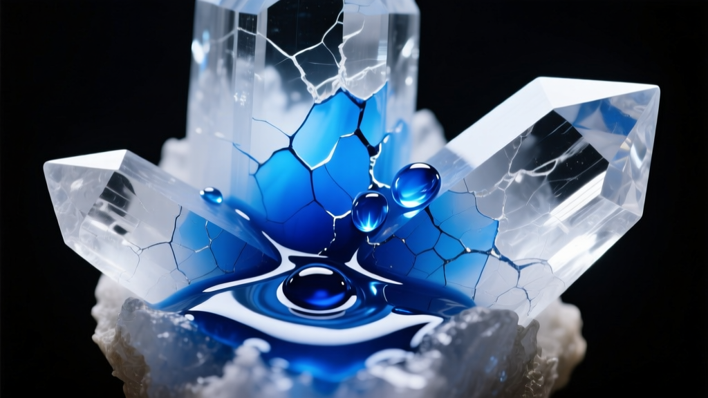 Macro view of concentrated blue dye pooling inside natural fracture lines of a treated quartz crystal under bright LED lighting.