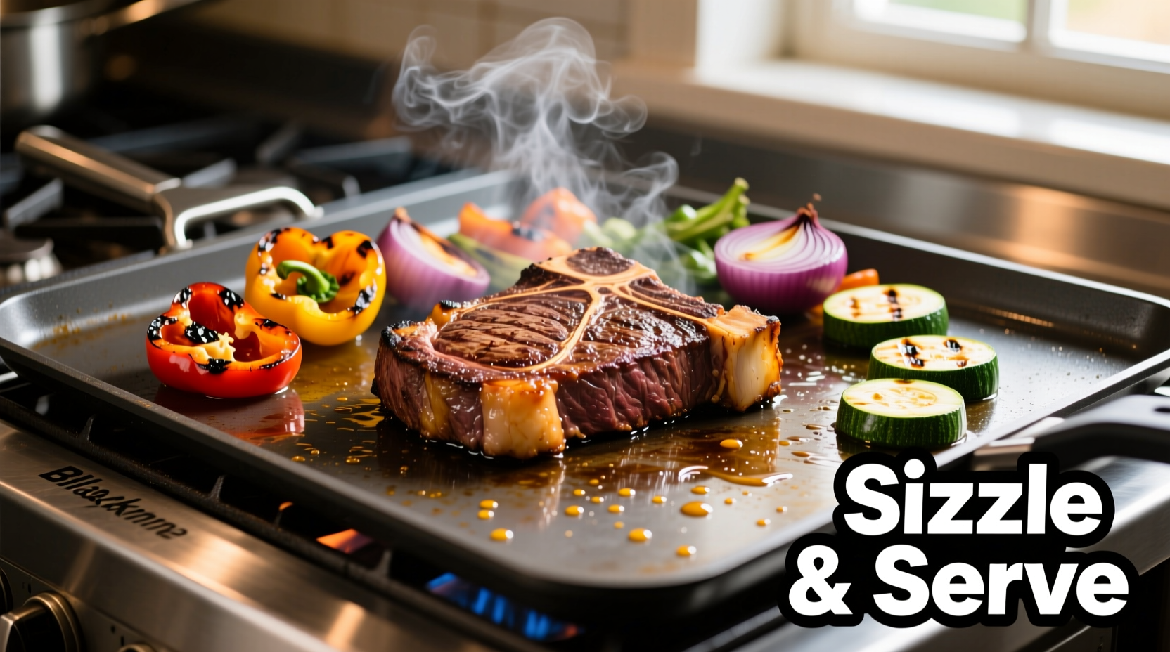 Blackstone griddle cooking steak and vegetables
